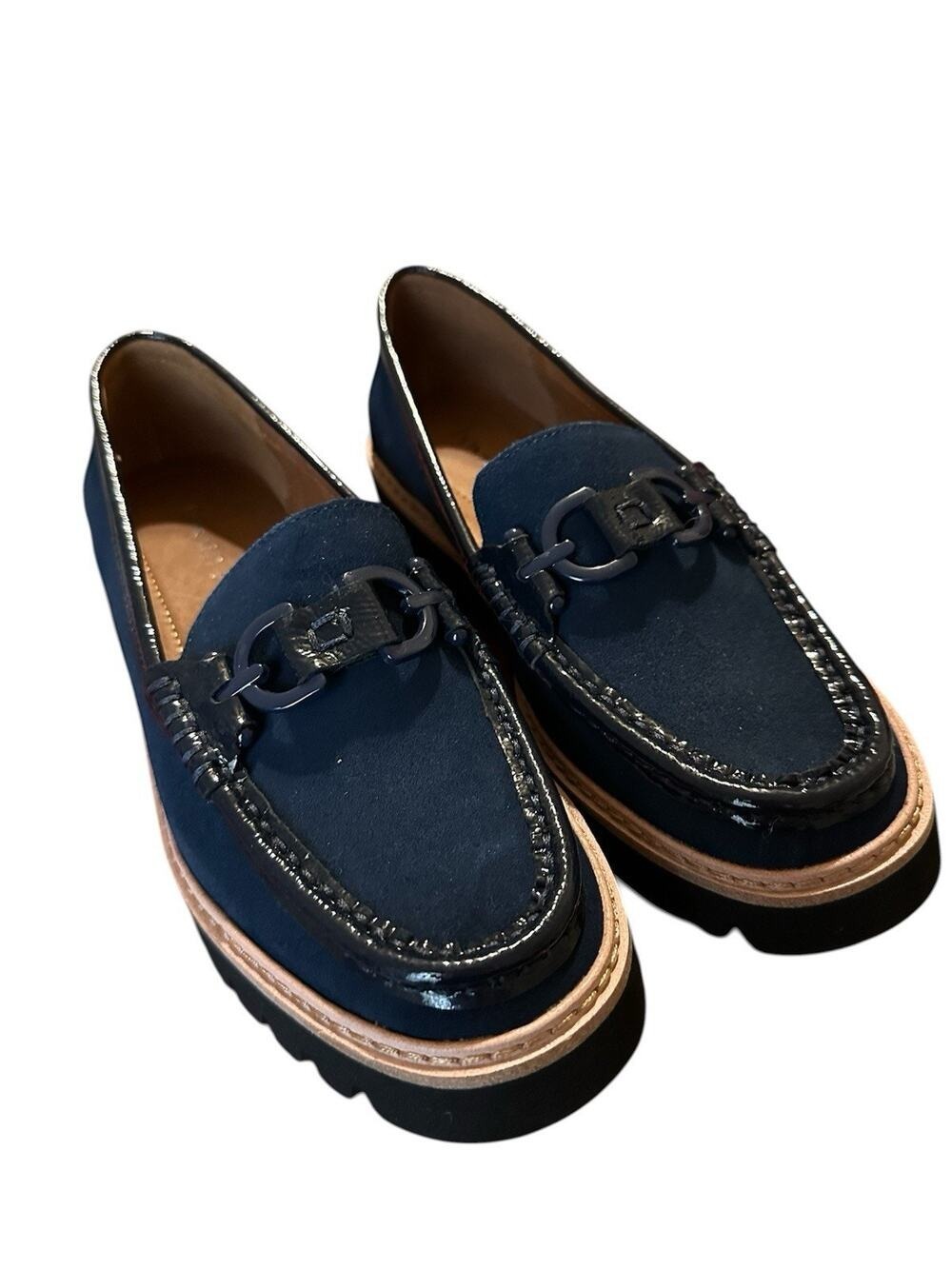 DONALD PLINER women's suede loafer color blue with black buckle size 7M EUC